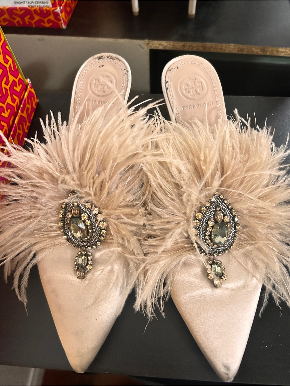 Tory Burch Champagne Feather Jeweled Pointed Mules